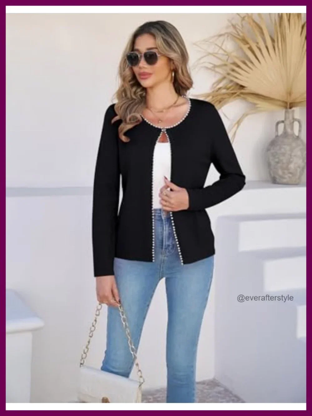 Pearl Trim Cardigan Lightweight Open Front Knit Jacket Long Sleeve Coatigan